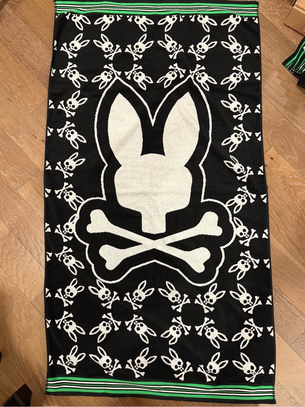 Psycho Bunny Black, White & Green Striped Knit Scarf with Logo Tag